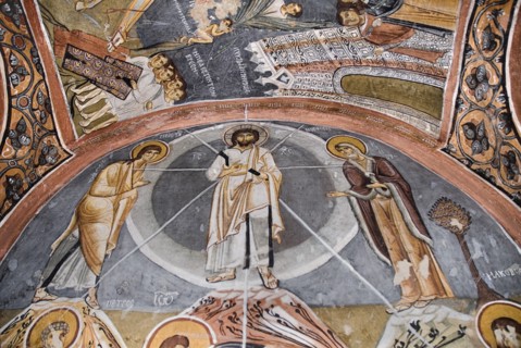 Open Air Museum. The Dark Church so named because it had few windows. Detail of fresco dating from