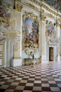 Nymphenburg Palace. Interior of Steinerner Saal the Stone or Great Hall with detail of paintings