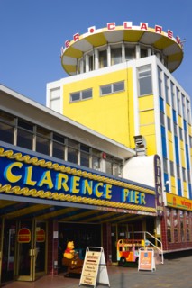 Clarence Pier amusement arcade on Southsea seafront with fast food Wimpy restaurant on the ground