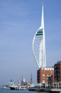 Harbour with the 170 metre Spinnaker Tower and Historic Naval Dockyard seen from Spice Island in