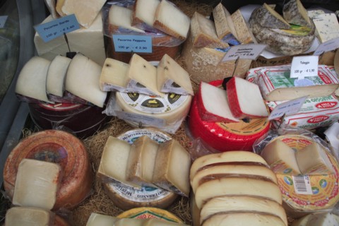 Display of cheeses in the Naschmarkt. Photo: Bennett Dean