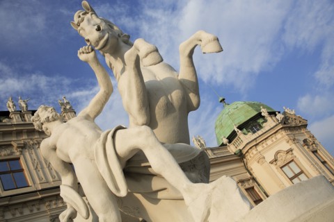 Angled view of statue of a horse tamer at Belvedere Palace part seen behind. Photo : Bennett Dean