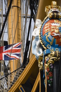 Bow and rigging of Admiral Lord Nelsons flagship HMS Victory showing the ships figurehead with