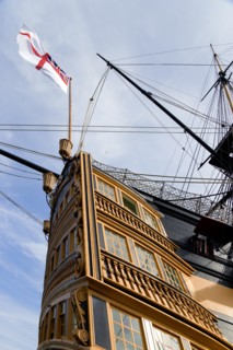 Historic Naval Dockyard HMS Victory the Flagship of Admiral Lord Nelson showing the stern with the