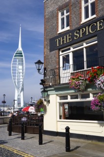 The 170 metre tall Spinnaker Tower seen from Spice Island in Old Portsmouth with The Spice Island