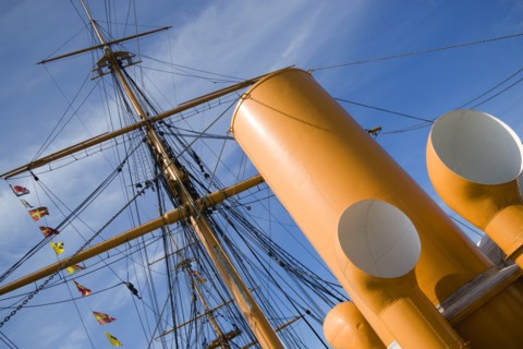 Historic Naval Dockyard Funnels masts and rigging of HMS Warrior built in 1860 as the first iron