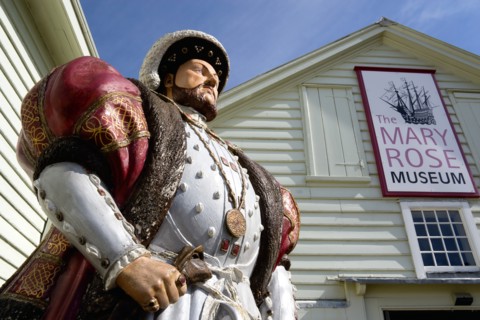 Historic Naval Dockyard Statue of Tudor King Henry VIII outside the Mary Rose Museum of his