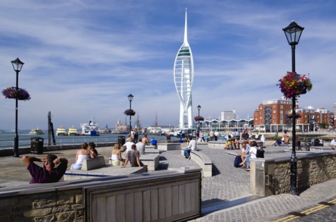 The 170 metre tall Spinnaker Tower and Historic naval Dockyard seen from Bath Square on Spice
