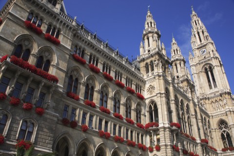 The Rathaus. Angled view of exterior and clock tower. Photo: Bennett Dean