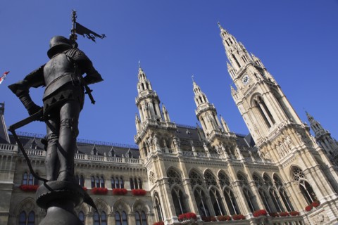 The Rathaus. Part view of exterior with statue in foreground. Photo: Bennett Dean