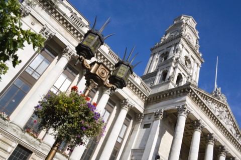 Guildhall originally built in 1890 but rebuilt in 1959 after being bombed in 1941 during World War