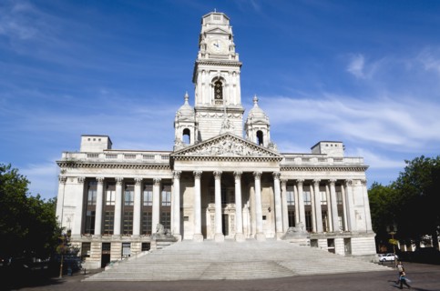 Guildhall originally built in 1890 but rebuilt in 1959 after being bombed in 1941 during World War