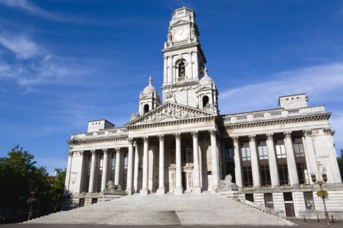 The Guildhall originally built in 1890 but rebuilt by 1959 after being bombed in 1941 during World