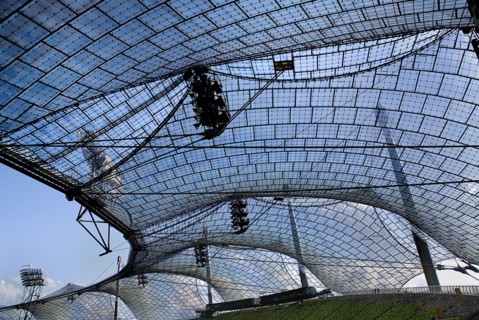 Olympic Stadium built as the main venue for the 1972 Summer Olympics. View along seating beneath