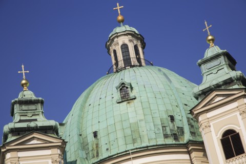 St Peters Church detail of green domed roof and tower tops. Thought to occupy the oldest Christian