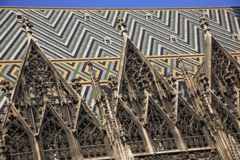 Stephansdom Cathedral. Detail of diamond patterned tile roof added in 1952. Photo: Bennett Dean