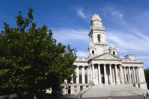 The Guildhall originally built in 1890 but rebuilt by 1959 after being bombed in 1941 during World