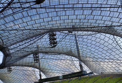 Olympic Stadium built as the main venue for the 1972 Summer Olympics. View along seating beneath