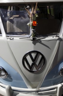 Volkswagen camper van decorated for use a wedding car. Photo : Stephen Rafferty