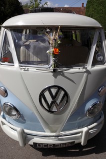Volkswagen camper van decorated for use a wedding car. Photo : Stephen Rafferty