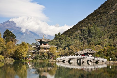 Black Dragon Pool and Deyue Pavilion with the Jade Dragon Snow Mountain behind. Photo: Mel