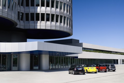 BMW Headquarters exterior. The BMW Tower which stands 101 metres tall and mimics the shape of tyres