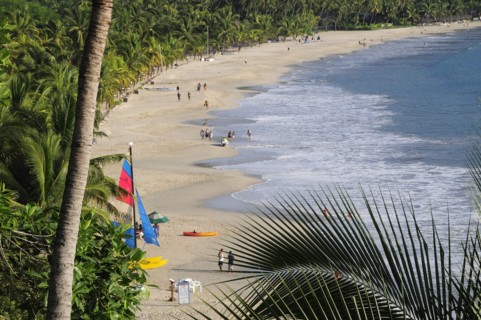Mexico, Guerrero, Zihuatanejo, View along the shoreline of Playa la Ropa lined with palm trees. A