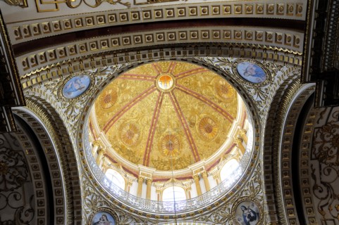 Mexico, Bajio, Zacatecas, Church of Guadalupe looking up at ornate interior ceiling of dome.