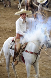Mexico, Bajio, Zacatecas, Traditional horseman or Charro competing in Mexican rodeo holding lasso.