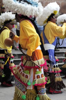 Mexico, Bajio, Zacatecas, Indigenous dance group performing in Plaza Hidalgo. 
Photo : Nick