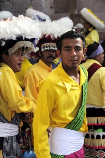 Mexico, Bajio, Zacatecas, Indigenous dance group performing in Plaza Hidalgo. 
Photo : Nick