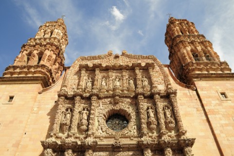 Mexico, Bajio, Zacatecas, Cathedral angled part view of baroque facade. 
Photo : Nick Bonetti