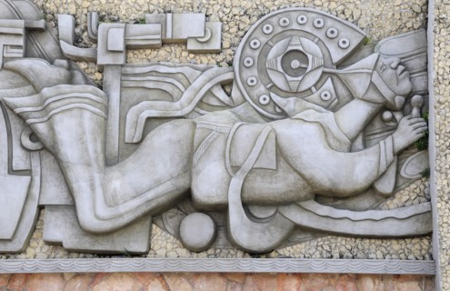 Mexico, Veracruz, Papantla, Detail of mural depicting Voladores de Papantla in the Zocalo. 
Photo