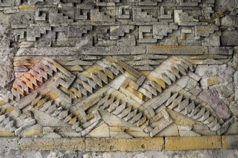 Mexico, Oaxaca, Mitla, Archaeological site. Detail of stone geometric mosaics on the Templo de las