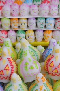 Mexico, Puebla, Sugar candies shaped as skulls and lanterns for Dia de los Muertos or Day of the