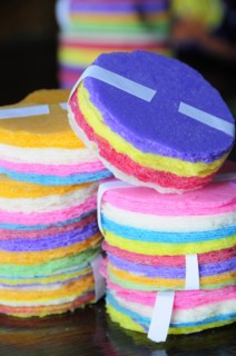 Mexico, Puebla, Food, Coloured rice paper snacks. 
Photo : Nick Bonetti