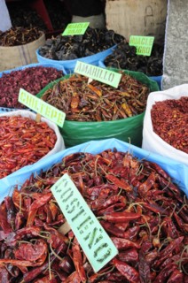 Mexico, Oaxaca, Sacks of dried chillies for sale in the market. 
Photo : Nick Bonetti