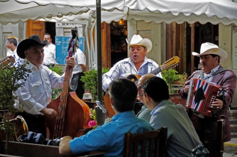 Mexico, Bajio, Guanajuato, Mariachi musicians playing at cafe in Jardin de la Union. 
Photo : Nick