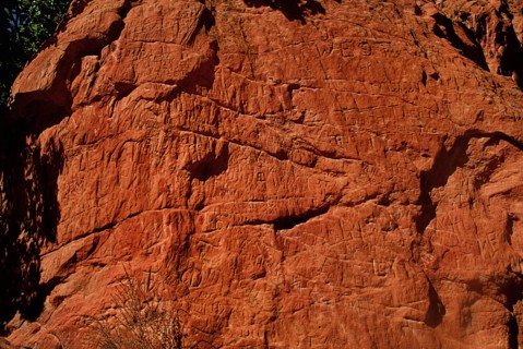 USA, Colorado, Colorado Springs, Garden of the Gods public park detail of scratched rock face.