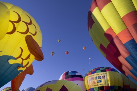 USA, New Mexico, Albuquerque, Annual balloon fiesta. Colourful hot air balloons. 
Photo : Hugh