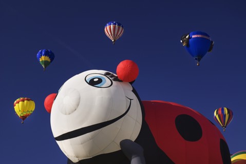 USA, New Mexico, Albuquerque, Annual balloon fiesta colourful hot air balloons. Part view of