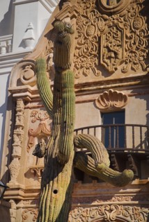 USA, Arizona, Tucson, Mission Church of San Xavier del Bac. Detail of balcony and carved window