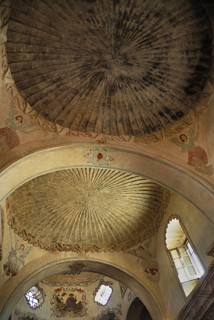 USA, Arizona, Tucson, Mission Church of San Xavier del Bac interior detail of painted ceiling.