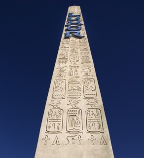 USA, Nevada, Las Vegas, The Strip exterior of the Luxor hotel and casino. Angled view of obelisk