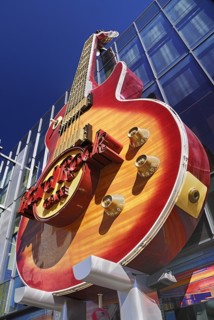 USA, Nevada, Las Vegas, The Strip exterior of the Hard Rock Cafe with detail of guitar sign.