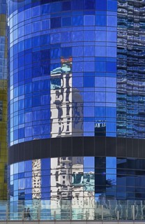 USA, Nevada, Las Vegas, The Strip buildings reflected on the exterior of the Aria resort hotel.