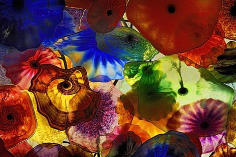 USA, Nevada, Las Vegas, The Strip colourful galss ceiling artwork in the foyer of the Bellagio