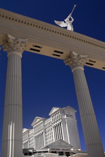 USA, Nevada, Las Vegas, The Strip winged statue detail outside Caesars palace hotel and casino.