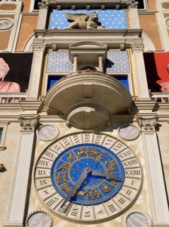 USA, Nevada, Las Vegas, The Strip clock detail above the entrance to the Venetian hotel and casino.