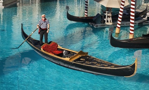 USA, Nevada, Las Vegas, The Strip gondola outside side the entrance to the Venetian hotel and